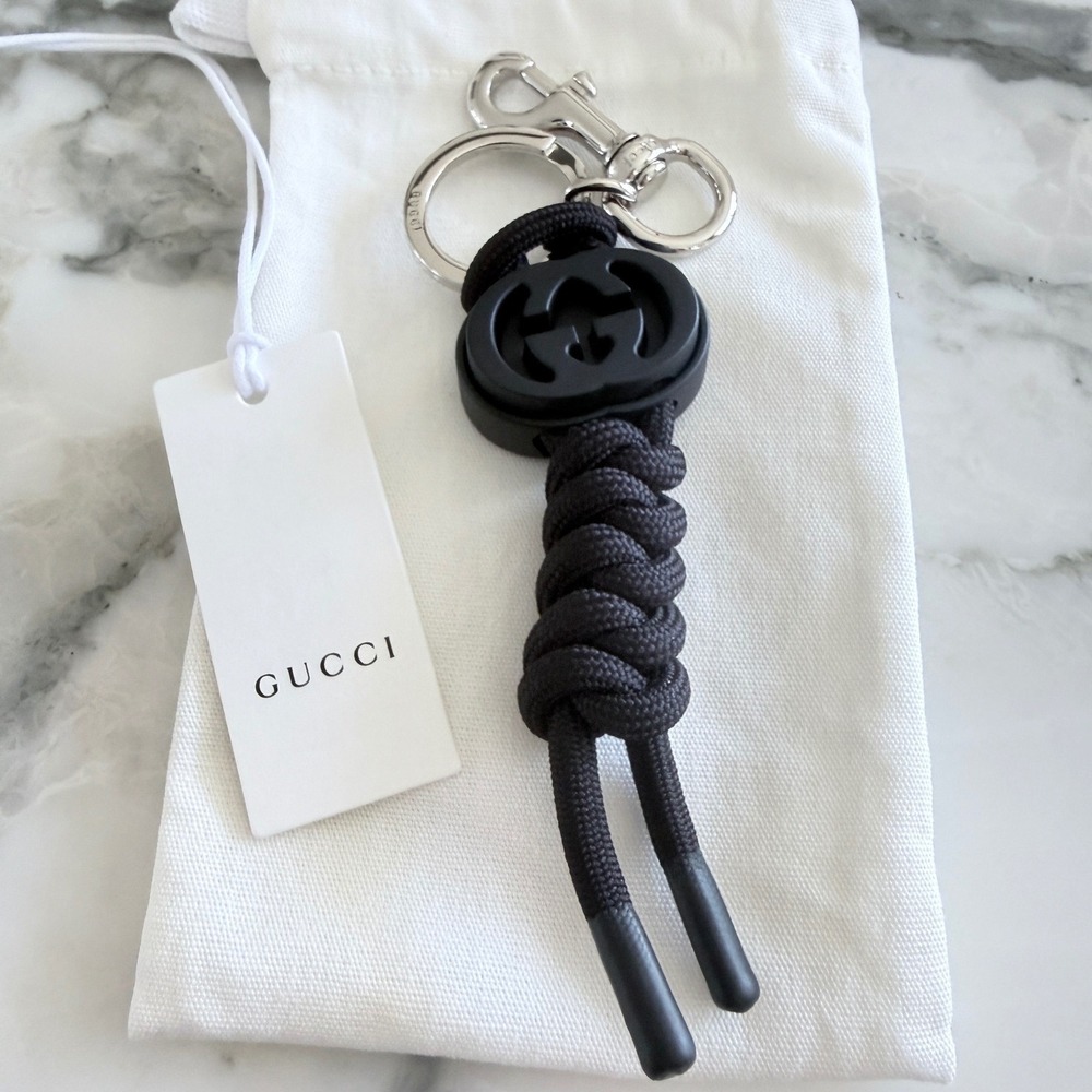 Gucci Black Interlocking G‎ Knotted Cord Keychain Swivel Hook 834480